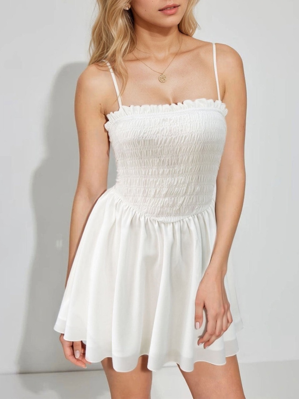 Relipp Women’s White Smocked Mini Dress Romper with Spaghetti Straps